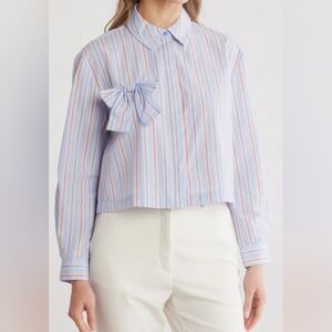 Nanette Lepore Blue and Orange Striped Blouse with Bow